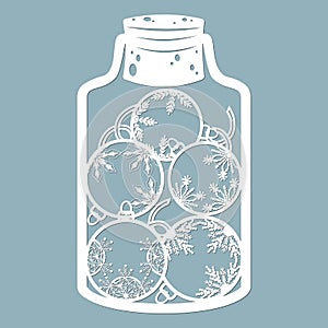 Christmas toys, balloons in the trees in a glass jar. With snowflakes. Laser cut. Vector illustration. Pattern for the laser cut,