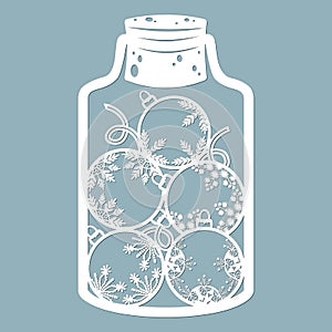 Christmas toys, balloons in the trees in a glass jar. With snowflakes. Laser cut. Vector illustration. Pattern for the laser cut,