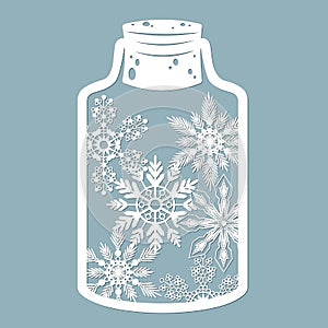 Christmas toys, balloons in the trees in a glass jar. With snowflakes. Laser cut. Vector illustration. Pattern for the laser cut,