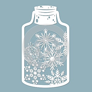Christmas toys, balloons in the trees in a glass jar. With snowflakes. Laser cut. Vector illustration. Pattern for the laser cut,