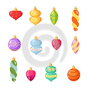 Christmas toys and balls of various shapes. A set of icons in cartoon style. Vector