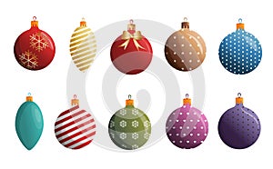 Christmas toys clipart, balls illustration set in green, violet, red and orange color. Vector Xmas glass ball. Holiday decoration