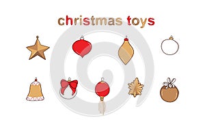 Christmas toys and decorations in different shapes and colors icons set