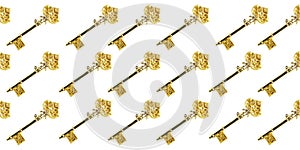 Christmas toys in the form of golden keys on a white background. seamless pattern, flat lay, holiday concept