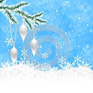 Christmas toys in the form of icicles on a branch of a Christmas tree on a background of falling snow illustration