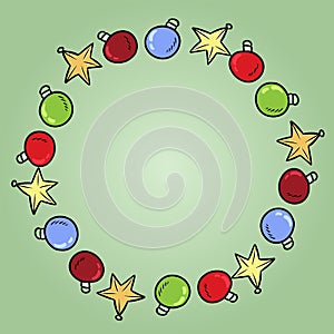 Christmas toys frame. Vector doodles wreath on green background