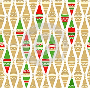 Christmas toys, gold, red, green, white background, seamless.