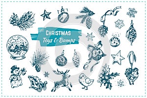 Christmas toys hand drawn vector icons set