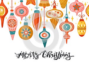 Christmas toys hanging on a rope with a bow. Happy New Year template for greeting card, poster, banner, invitation etc.