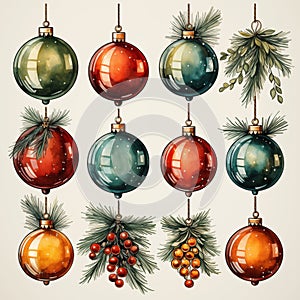 Christmas toys and holly branches, watercolor clipart