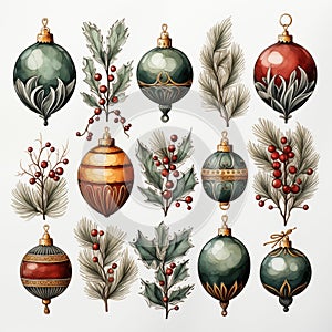 Christmas toys and holly branches, watercolor clipart