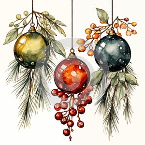 Christmas toys and holly branches, watercolor clipart