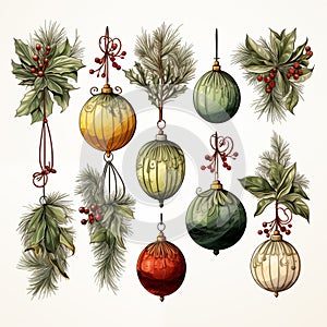 Christmas toys and holly branches, watercolor clipart