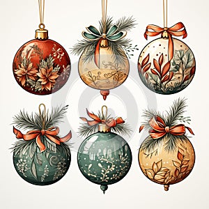 Christmas toys and holly branches, watercolor clipart