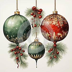 Christmas toys and holly branches, watercolor clipart