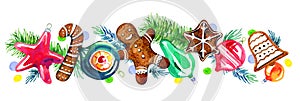 Christmas toys, spurce branches and gingerbread cookies. New Year decorative composition. Hand drawn watercolor illustration