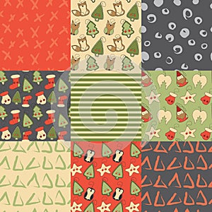 Christmas toys set with cute cartoon seamless patterns