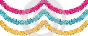 Christmas traditional decorations golden, pink, blue tinsel. Xmas ribbon garland isolated decor element repeating border