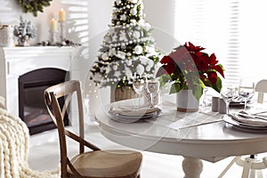 Christmas traditional flower Poinsettia on table with festive setting in room
