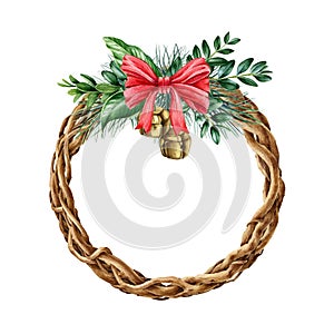 Christmas traditional wreath with pine and boxwood. Watercolor hand drawn illustration. Wintertime vine wreath with