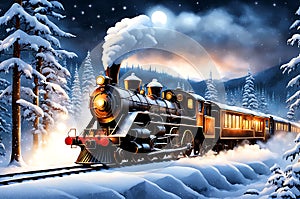 Christmas Train Gliding Through a Snow-Laden Forest: Steam Locomotive Pushing Through Pristine Winter Beauty