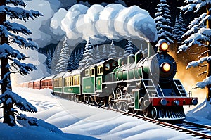 Christmas Train Gliding Through a Snow-Laden Forest: Steam Locomotive Pushing Through Pristine Winter Beauty