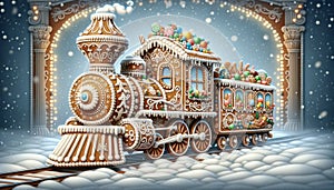 Christmas train made of gingerbread, cream, and candies in a cartoon style.