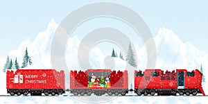 Christmas train with Santa Claus, deer,gifts and Christmas tree