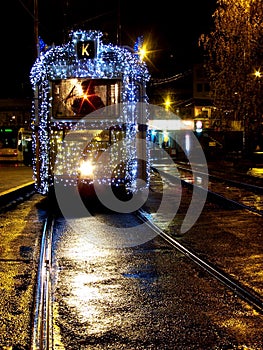 Tram with Christmas lights in Budapest