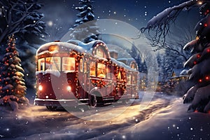 a Christmas tram with gifts goes through a snow-covered forest, winter season, decorated for Christmas or New Year, night and