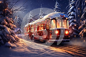 a Christmas tram with gifts goes through a snow-covered forest, winter season, decorated for Christmas or New Year, night and