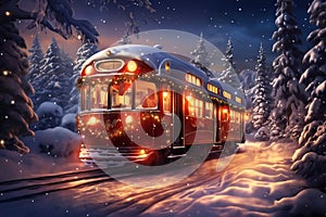 a Christmas tram with gifts goes through a snow-covered forest, winter season, decorated for Christmas or New Year, night and