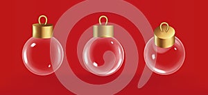 Christmas transparent balls set isolated on red background.