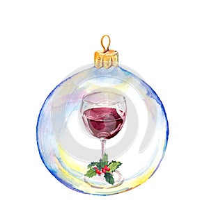 Christmas transparent bauble with red wine glass and mistletoe. Watercolor