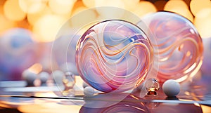 Christmas transparent beautiful ball with a pattern in the form of a wave of pink, blue, gold colors on a background