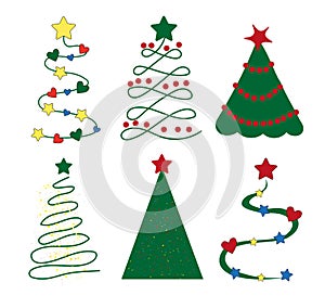 Set of Christmas trees icons and stickers. Abstract Christmas trees with Christmas toys.