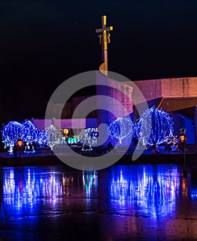 Christmas Tree Abstract with Colorful Lights Reflecting in Water