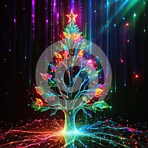 Christmas tree, artificial intelligence virtual digital online representation, cyberspace data representation