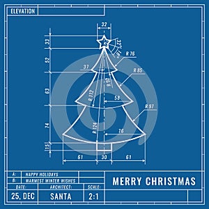 Christmas tree as technical blueprint drawing. Christmas technical concept. Mechanical engineering drawings. Christmas