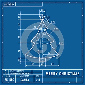 Christmas tree as technical blueprint drawing. Christmas technical concept. Mechanical engineering drawings. Christmas and new