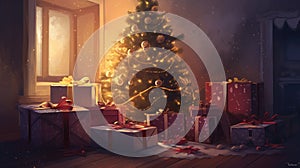 Christmas tree background with a beautifully decorated room, wrapped presents, and glowing lights, evoking a sense of holiday