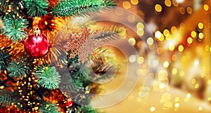 Christmas tree background and Christmas decorations with blurred, sparking, glowing.