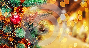 Christmas tree background and Christmas decorations with blurred, sparking, glowing. Happy New Year and Xmas