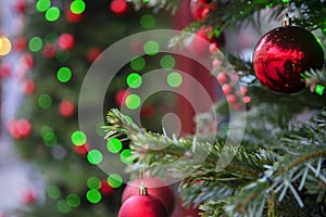 Christmas tree background and Christmas decorations. Happy New Year and Merry Christmas theme.