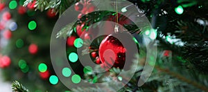 Christmas tree background and Christmas decorations. Happy New Year and Merry Christmas theme. Narrow banner. New