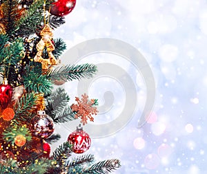 Christmas tree background and Christmas decorations with snow, b