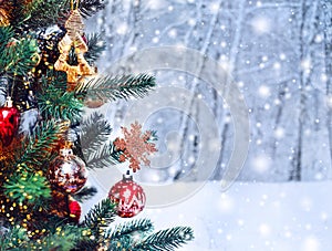 Christmas tree background and Christmas decorations with snow, b