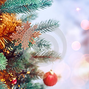 Christmas tree background and Christmas decorations with snow, b