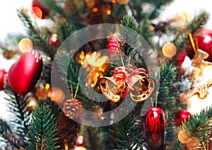 Christmas tree background and Christmas decorations with snow, b