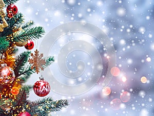 Christmas tree background and Christmas decorations with snow, blurred, sparking, glowing.